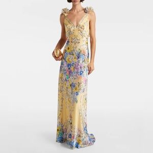 CAMILLA Appliquéd embellished floral-print silk-satin maxi dress